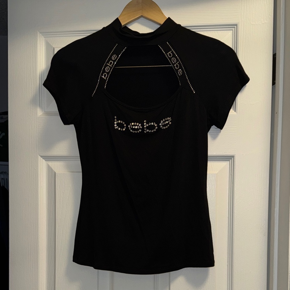 Bebe Black Rhinestone Logo Short Sleeve Top